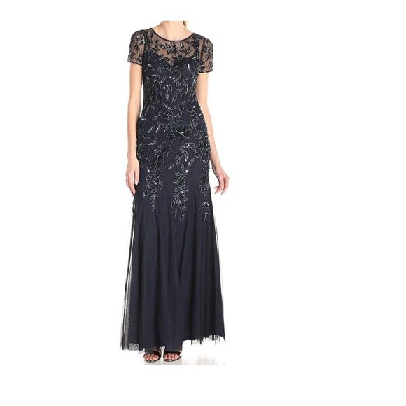 Adrianna Papell Beaded Short Sleeve Floral Godet Gown Midnight Navy Size 0 NWT - Picture 13 of 14